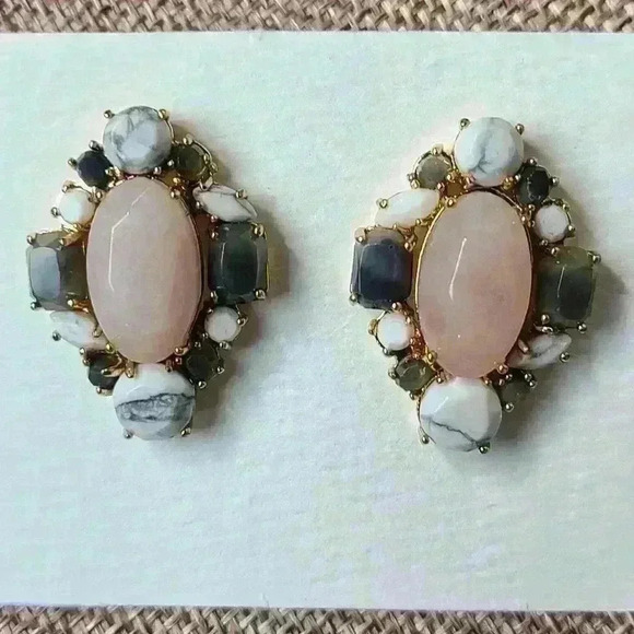Vintage rose quartz muilt stones gold tone statement earrings - Picture 15 of 17